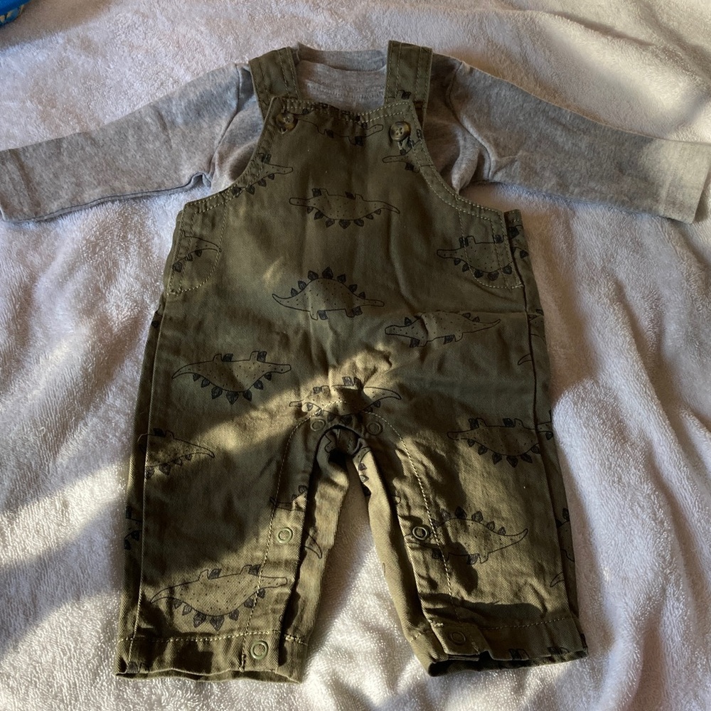 3 for $16 Carter's Olive Dinosaur Print Overalls